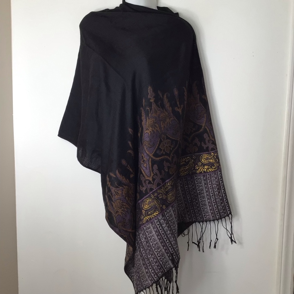Black Shawl with Purple and Gold Paisley Border